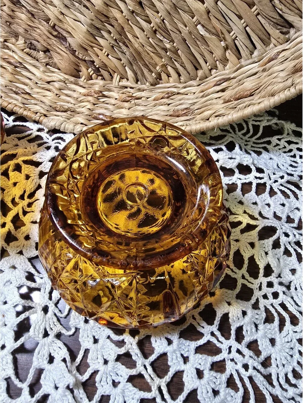 Vintage Indiana Glass 6.5” Amber Stars & Bars Fairy Lamp
